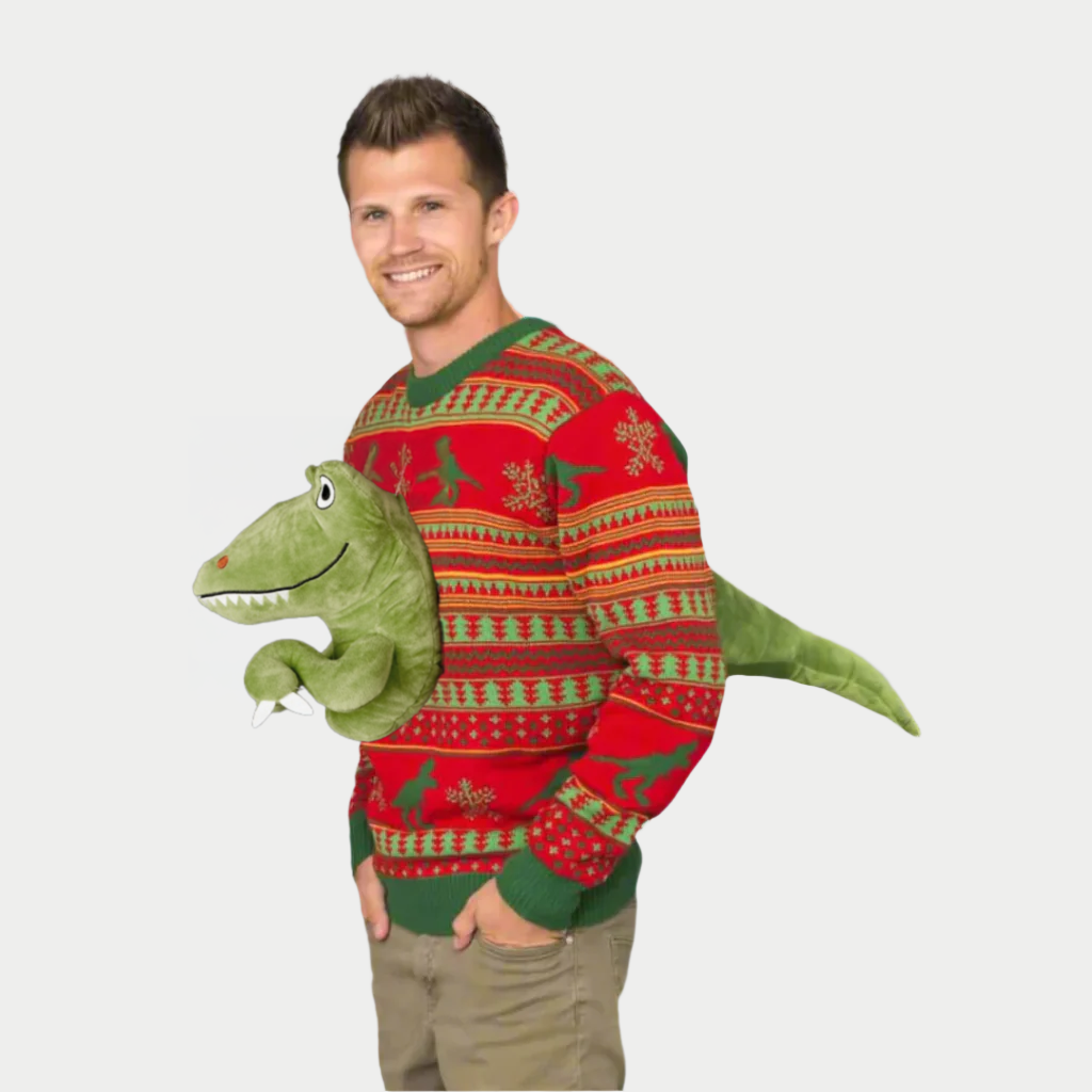 Dino Claus Ugly Men's Sweater – Unleash the Holiday Beast!