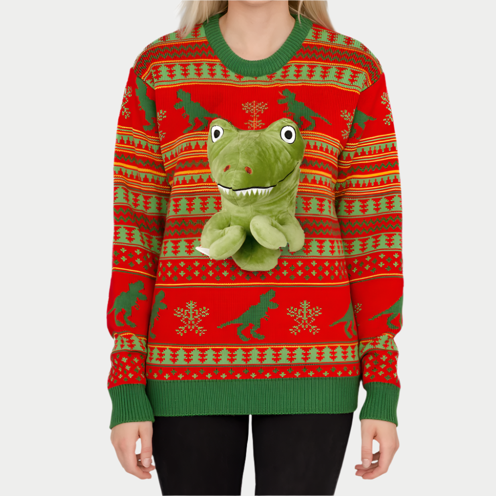 Dino Claus Ugly Women's Sweater – Unleash the Holiday Beast!