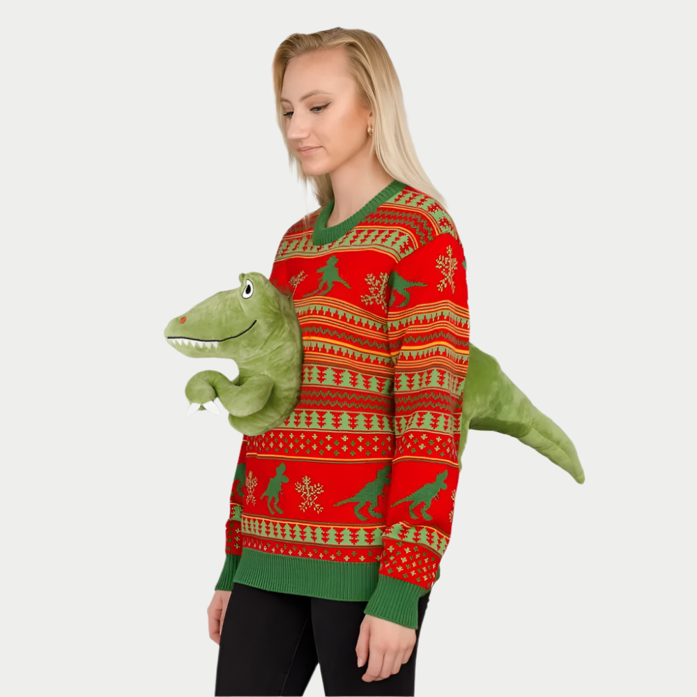 Dino Claus Ugly Women's Sweater – Unleash the Holiday Beast!